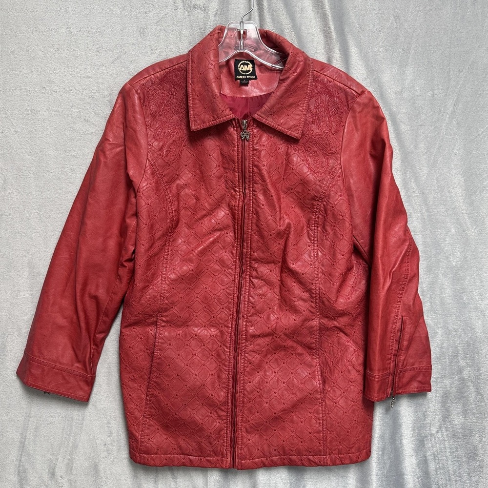 Ameri Mode Jacket Womens Large‎ Red Faux Leather Embroidered Paisley Zip 5646